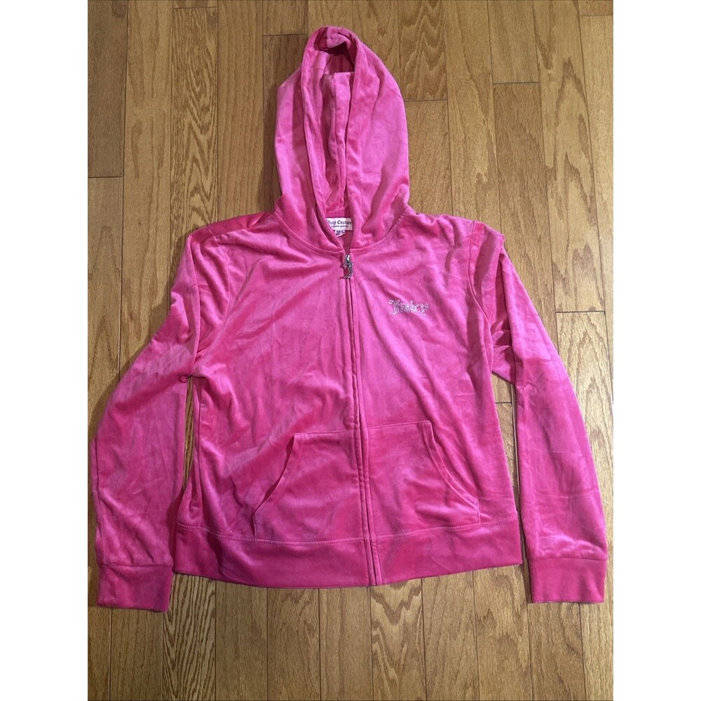 Juicy Couture Hoodie Womens XL Hot Pink Velour Zip Up Sweatshirt Juicy Logo Y2K